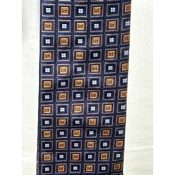 Robert Talbots Navy Blue Orange Geometric Square Pattern Silk Mens Tie
